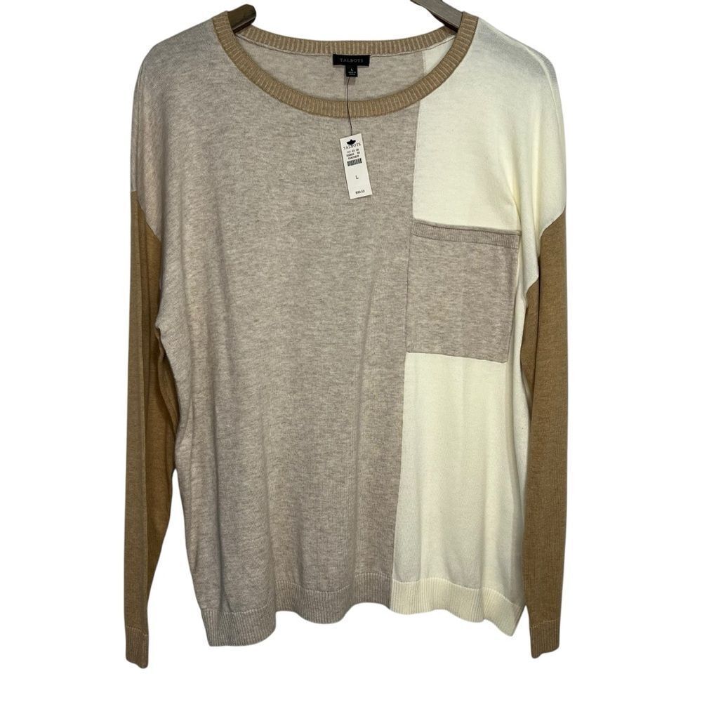 NWT Talbots Colorblock Sweater size Large Camel Tan Cream Neutral Quiet Luxury